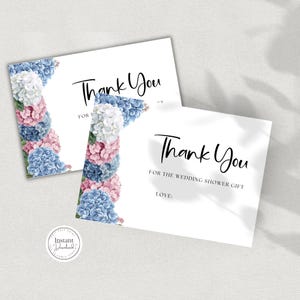 Carte de remerciement pour la douche nuptiale bleu hortensia plié carte de voeux modèle de toile modifiable douche de mariage imprimable 5 x 3,5 floral Merci W125