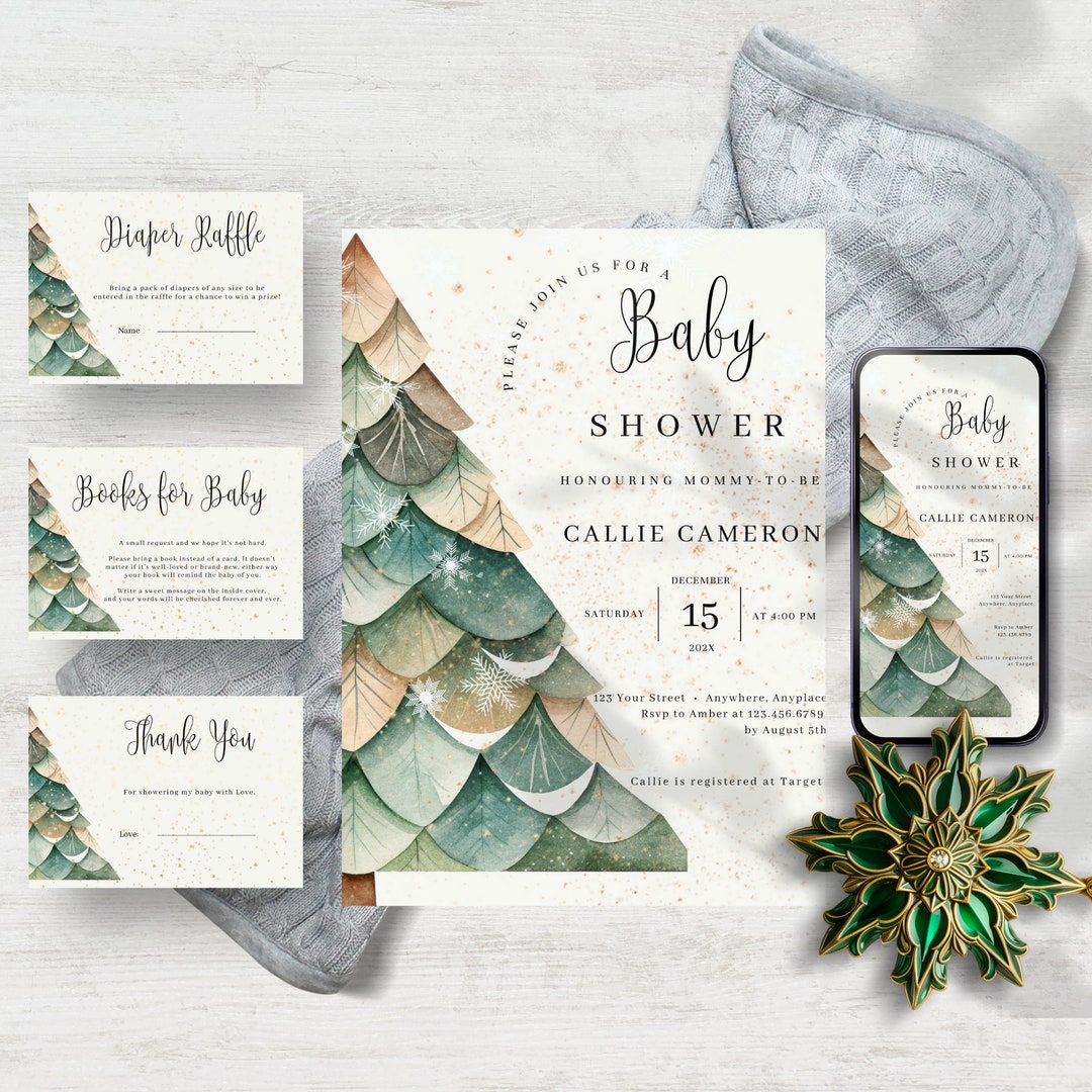 Winter Christmas Tree Baby Shower Invitation Bundle Xmas Etsy