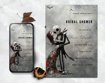 Op de afbeelding: Een uitnodigingskaart voor een bridal shower en een smartphonescherm met hetzelfde ontwerp, met een dansend skeletpaar tegen een grijze aquarelachtergrond met vleermuizen en de tekst: PLEASE JOIN US FOR A BRIDAL SHOWER IN HONOR OF Olivia Edwards OCTOBER 30TH, 202X 2:00-4:00 PM ANYWHERE ST, ANY CITY RSVP TO 123-456-7890.