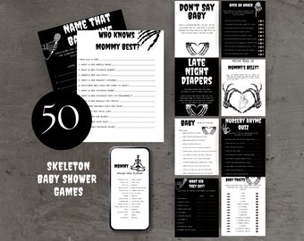 May include: A collection of 50 black and white baby shower game cards featuring skeleton-themed illustrations. The set includes titles such as Who Knows Mommy Best, Don't Say Baby, Over or Under, Late Night Diapers, How Big is Mommy's Belly, and Baby Traits.