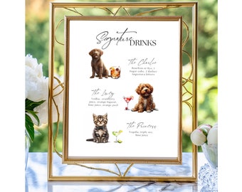 Custom Pet Cocktail Sign Template, Wedding Bar Menu (Printable, Editable, Canva)
