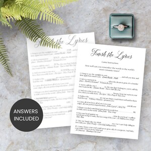 May include: A printable game card with the title "Finish the Lyrics" and instructions for a game where players try to complete the lyrics to popular love songs. The card is white with black text and a decorative font.