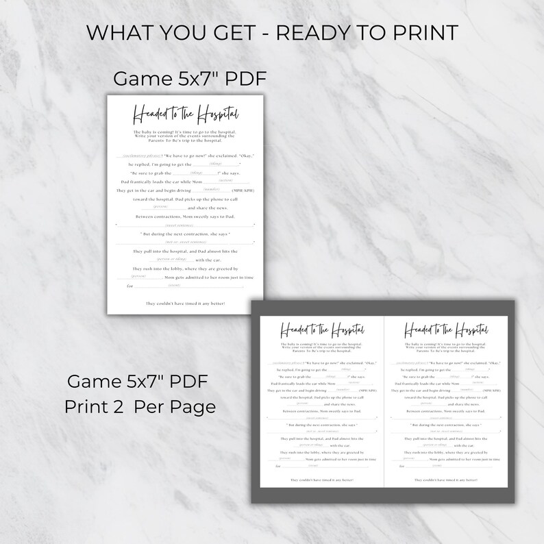 Peut inclure: Cartes de jeu imprimables pour un jeu de baby shower appel&eacute; "Headed to the Hospital". Les cartes mesurent 5x7 pouces et sont con&ccedil;ues pour &ecirc;tre imprim&eacute;es deux par page. Les instructions du jeu sont imprim&eacute;es sur les cartes en texte noir sur fond blanc.