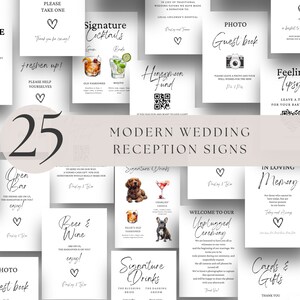 May include: A set of 25 printable wedding reception signs with a modern design. The signs feature black and white text with a heart icon and are perfect for a wedding reception.