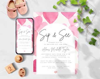 Szablon zaproszenia „Sip and See”, nowoczesne zaproszenie na baby shower (do pobrania w wersji cyfrowej)