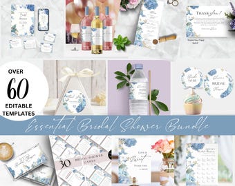Dusty Blue Hydrangea Bridal Shower Bundle, Elegant Printable (Canva)