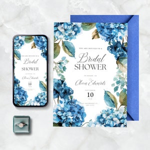 Blue Hydrangea Bridal Shower Invitation, Dusty Blue Wedding Shower Invite, Instant Download, Editable, Printable, Garden Flower, Evite