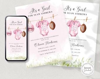 May include: Pink and white baby shower invitation with a football theme. The invitation features a pink football jersey with the number 19, a football, and a football helmet. The text on the invitation reads "It's a Girl for Team Andrews".