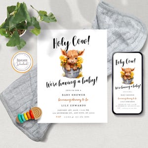 Baby Shower Highland Cow, Święta Krowa, Która Miała Dziecko, Neutralny Płciowo, Edytowalny Natychmiastowy Pobieranie, Do Wydrukowania, Evite, Gospodarstwo, Boho, Rustykalny, D139