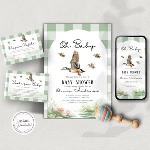 Stockente Enten-Baby-Einladung, Bundle, Jagddusche, Für einen Jungen, Salbeigrün, Gingham, Bücher für Baby, Windel-Verlosungskarten, bearbeitbar, D151