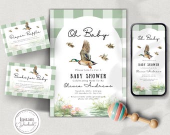 May include: A baby shower invitation suite featuring a central invitation with the text "Oh Baby" and a duck illustration. Includes matching inserts for diaper raffle and books for baby, plus a phone mockup and a colorful rattle.