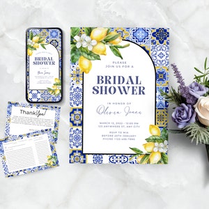 Mediterranean Lemon Bridal Shower Bundle, Italian Blue Tile and Lemon, Instant Download, Editable, Printable, Citrus Bridal, Evite, W110