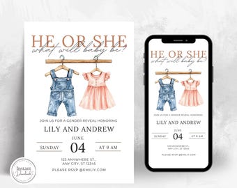 Vintage Clothesline Gender Reveal Invitation, Rustic Baby Shower (Digital Download)