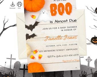 May include: A Halloween-themed baby shower invitation card featuring a white wood background, orange pumpkins, candy corn, and black paper bats. The text reads A LITTLE BOO Is Almost Due, JOIN US FOR A BABY SHOWER IN HONOR OF Janelle Jones, OCTOBER, 15TH, 2:00 - 4:00 PM, 123 ANYWHERE STREET, ANYPLACE, RSVP to Leslie at 123-456-6879, Registered at Target.