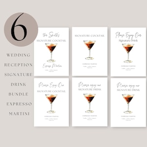 Placa de bebida exclusiva Espresso Martini para impressão, cardápio de bar de casamento, coquetel, Canva, editável, dele, dela, noiva, noivo, decoração de bebida exclusiva A1