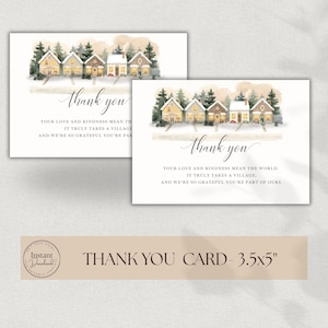 May include: Watercolor thank you cards featuring a winter village scene with snow-covered houses and evergreen trees. The cards have the words "thank you" in elegant script and the text "Your love and kindness mean the world."