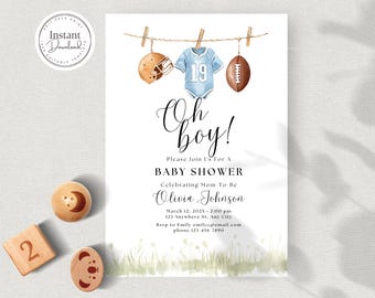 May include: A baby shower invitation with a watercolor background. The invitation features a blue onesie with the number 19 on it, a football, and a football helmet hanging on a clothesline. The text on the invitation reads "Oh boy! Please join us for a baby shower celebrating Mom to be Olivia Johnson. March 12, 202X - 2:00 pm 123 Anywhere St. Any City. Rsvp to Emily emilyc@email.com phone 123 456 7890"