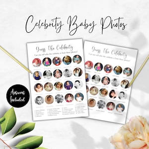 Könnte beinhalten: Zwei druckbare Spielkarten mit dem Titel "Celebrity Baby Photos" und der Anleitung "Errate den Promi. Kannst du sagen, welcher Promi auf diesen Fotos zu sehen ist?" Jede Karte hat 25 Kreise mit Babyfotos von Prominenten.