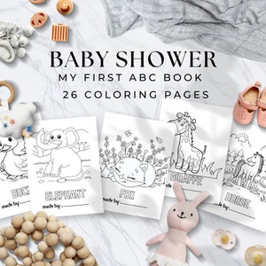 Baby Shower Printable Coloring Book, Alphabet Book, Storybook, First ABC Personalized, Simple Colouring Pages for Kids, Fun Shower Avtivity