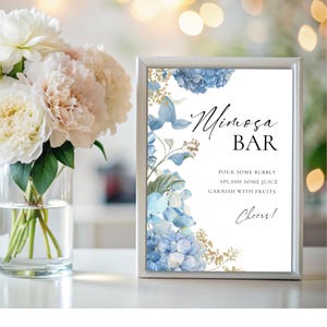 Letrero de hortensia azul para despedida de soltera, letrero floral azul, letrero de barra de mimosa, azul polvoriento, menú de bebidas de boda, editable, imprimible, plantilla, Canva, W113