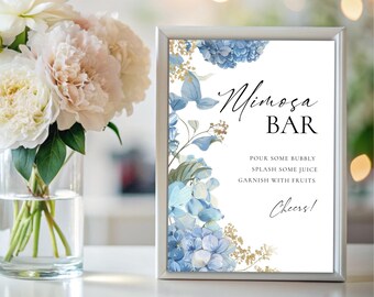 Blue Hydrangea Mimosa Bar Sign, Floral Bridal Shower (Printable, Editable, Canva)