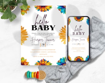 Sunflower Baby Shower Einladung, Printable Boho Sonnenschein Sprinkle einladen, Gender Neutral, hier kommt die Sonne, kleiner Sonnenstrahl, D008