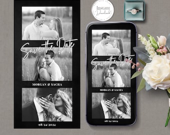Save the Date Photo Booth Strip, Photo Strip Template, Wedding Date Photo Card  Editable, Photo Frame, Camera Roll, Digital, Canva Template