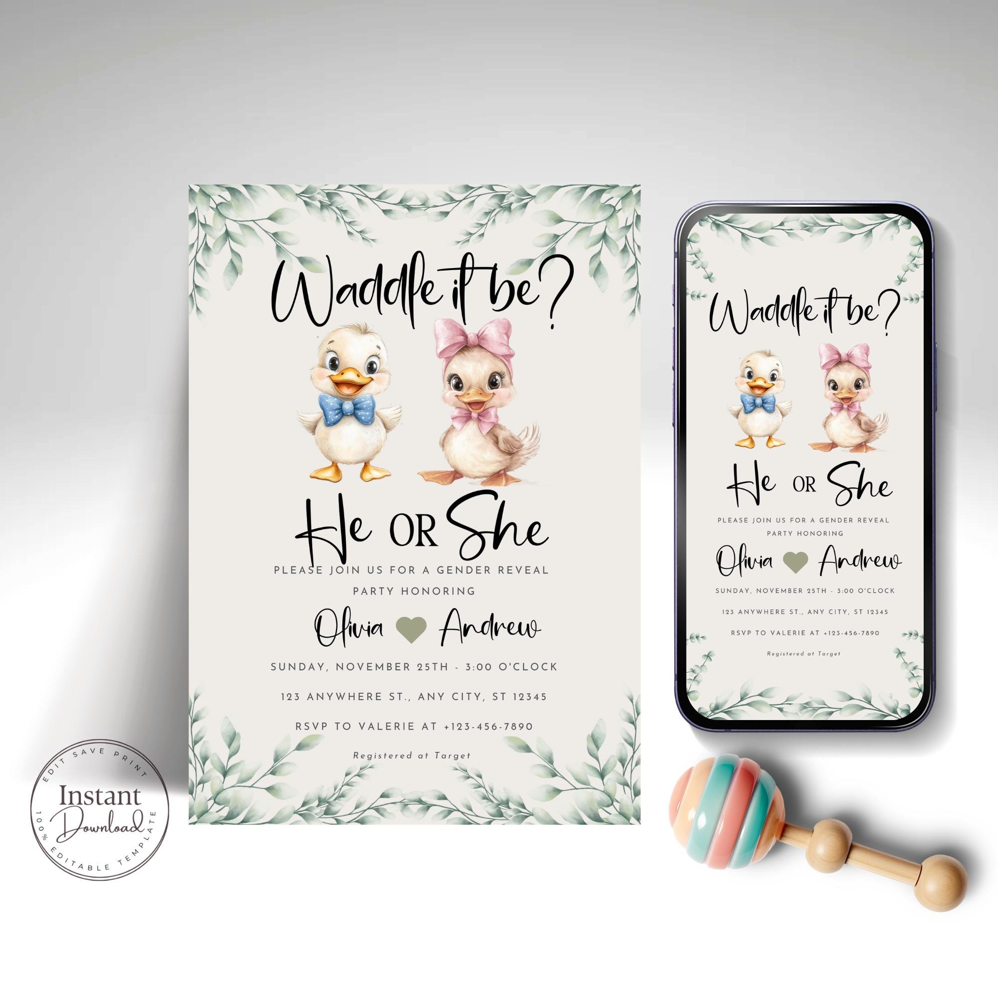 Waddle It Be Gender Reveal Invitation Baby Duck Theme He or She Editable Canva Template Digital Download Printable Baby Shower Invite