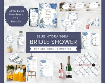 Blue Hydrangea Bridal Shower Bundle, Editable Games, Invitation (Digital Download)