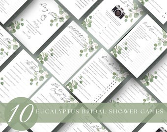 May include: Ten printable bridal shower games with a eucalyptus theme. The games include "Who Knows The Bride", "Ring Hunt", "Guess The Movie", "Bride To Be", "Over Or Under", "What's In The Groom's Bag", "How Well Do You Know The Couple", "Find Someone Who", "Guest The Music", and "Bride To Be".
