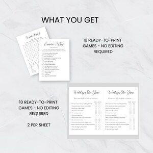 May include: Printable wedding games for guests to play at a wedding reception. The games include "Word Snatch", "Camera I Spy", and "Wedding Shoe Game". There are 10 games total, with 2 games per sheet. The games are ready to print and do not require any editing.