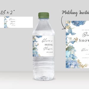 Étiquettes de bouteille d&#39;eau hortensia bleu modèle de douche nuptiale, impression florale sur toile modifiable, bouteille de mariage en téléchargement numérique printemps, W113