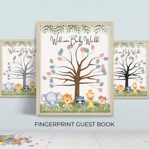 Fingerabdruck Baum Baby Shower Safari, sofort download, Gästebuch Handabdruck Vorlage, druckbares Poster, Duschbeschilderung, Canva, D117