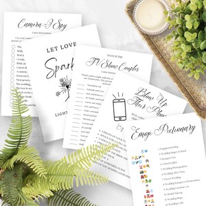 May include: A set of printable wedding games with titles like "Camera I Spy", "Let Love Spark", "Match the TV Show Couples", "Blow Up Your Phone", and "Emoji Pictionary".