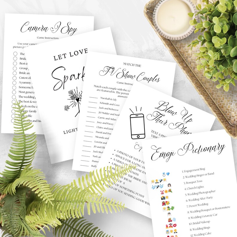 May include: A set of printable wedding games with titles like "Camera I Spy", "Let Love Spark", "Match the TV Show Couples", "Blow Up Your Phone", and "Emoji Pictionary".
