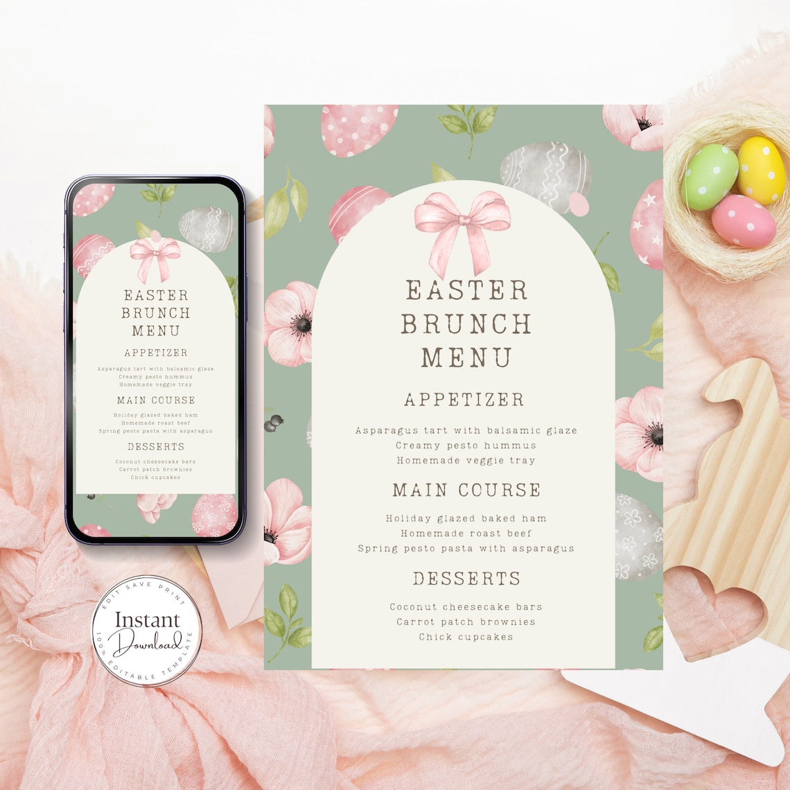Easter Brunch Menu Template, Floral Lunch Menu for Easter, Editable ...
