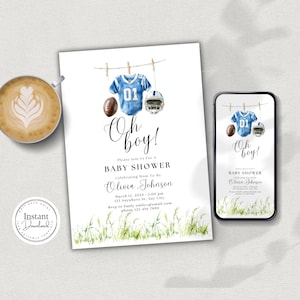 Invito per baby shower a tema calcio, 5x7, invito tema Oh Boy, modello Canva modificabile, download digitale, invito stampabile per baby shower sportivo per bambino D145