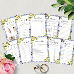 Mediterranean Bridal Shower Games, Blue Tiles Lemon, Wedding Party Games, INSTANT DOWNLOAD, Editable, Printable, Citrus Theme, W110