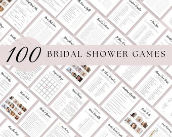 May include: A collection of 100 printable bridal shower games. The games are organized into categories such as "Bride Trivia", "Movie Quotes", "Name That Tune", "Wedding Etiquette", and "Lingerie Bingo".