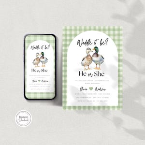 Plantilla de Canva para invitación de revelación de género "Waddle It Be", temática de patito, invitación digital editable de Evite para baby shower, niño o niña, descargable