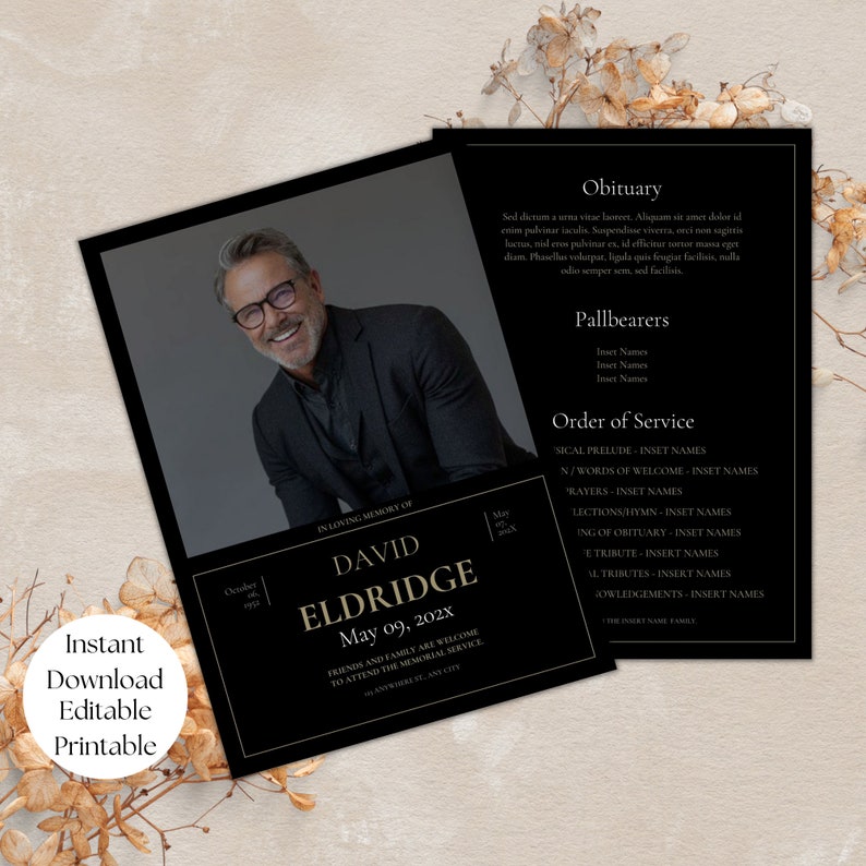 Printable Funeral Invite for Him Editable Invitation Modern Etsy