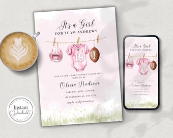 May include: Pink and white baby shower invitation with a watercolour background. The invitation features a football helmet, a pink onesie with the number 19, and a football hanging on a clothesline. The text reads "It's a Girl for Team Andrews".