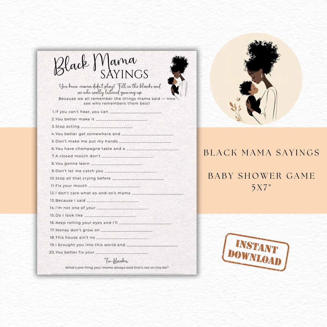 Black Mama Sayings Baby Shower Game Printable Funny Cultural Icebreaker ...
