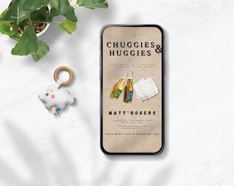 Chuggies and Huggies Digital Evite, Diaper Party Baby Shower Invitation For Men, Dudes and Diapers, Suds and Buds, Textable, Editable