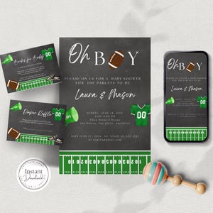 Pacchetto di inviti per baby shower a tema football "Oh Boy", lavagna e design della maglia, libri modificabili Canva Evite per la lotteria dei pannolini per bambini D93