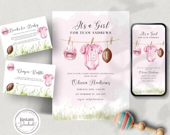 May include: A pink and white baby shower invitation with a football theme. The invitation features a football helmet, a football jersey, and a football. The text on the invitation reads "It's a Girl for Team Andrews".