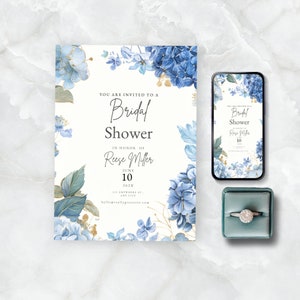 Blue Hydrangea Bridal Shower Invitation, Dusty Blue Wedding Shower Invite, Instant Download, Editable, Printable, Dusty Blue Evite, W113