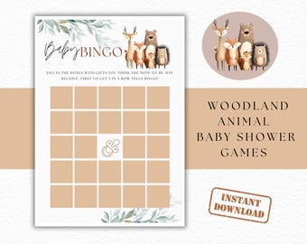 May include: A printable Baby Bingo game with a woodland animal theme. The game features a grid of boxes, a decorative border of leaves, and the text "Baby Bingo". A circular graphic of woodland animals is also included.