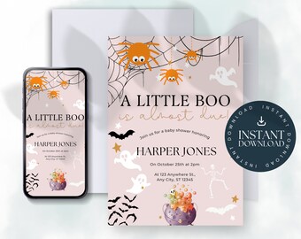 May include: A Halloween-themed baby shower invitation. The design includes orange spiders, ghosts, and bats, with the text "A LITTLE BOO is almost due!" The invitation is set against a pink backdrop and features the name "HARPER JONES".