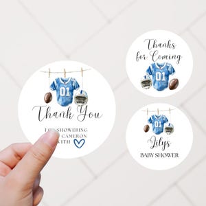 Football Baby Shower Sticker Boy Theme Blue Jersey Clothesline Sports Baby Favor Label Printable Editable Canva Template for Baby Shower 145